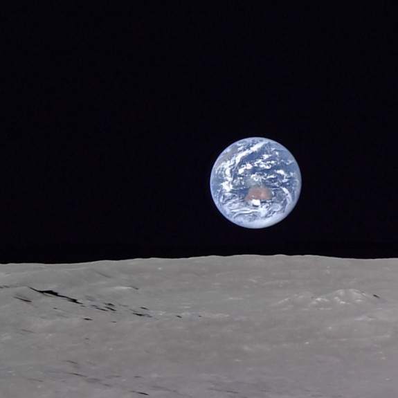 Earth rising over the lunar horizon, captured by the Kaguya orbiter