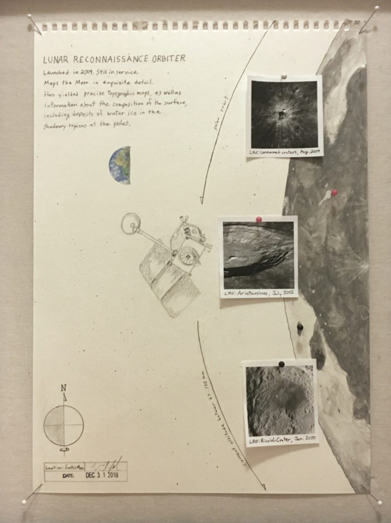 multimedia art piece featuring a sketch of the moon and a spacecraft
