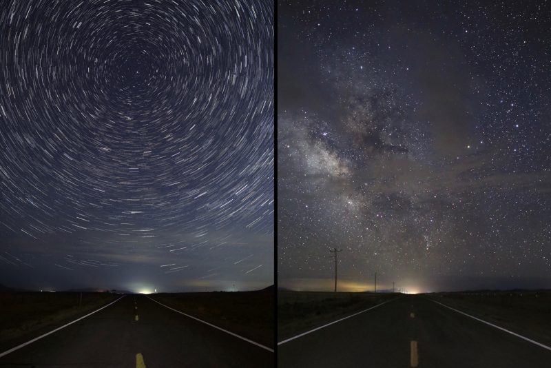 two looks at a starry sky above a highway at night